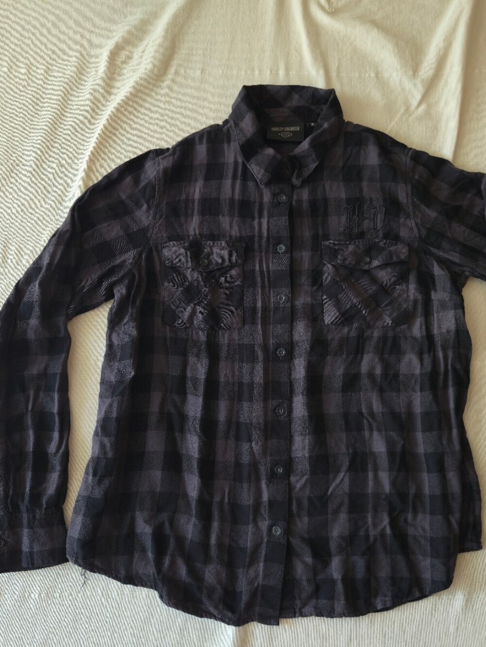 Harley-Davidson Womens Black and Gray Plaid Button-Up Shirt XL